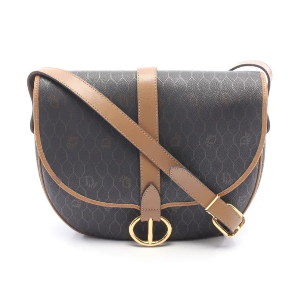 Christian Dior Honeycomb Canvas Leather Shoulder Bag Black Brown